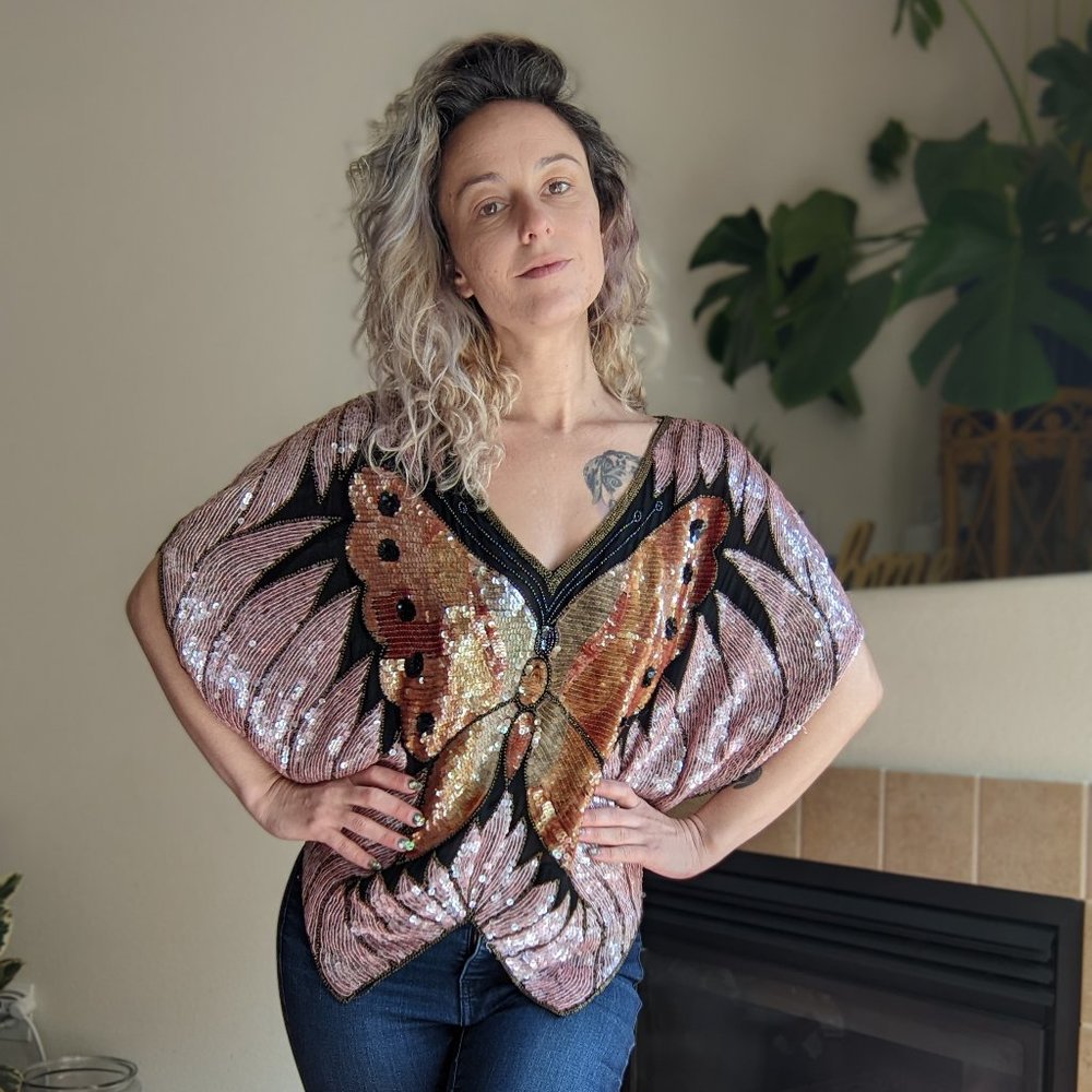 90s Vintage Sequin/Beaded Butterfly Top